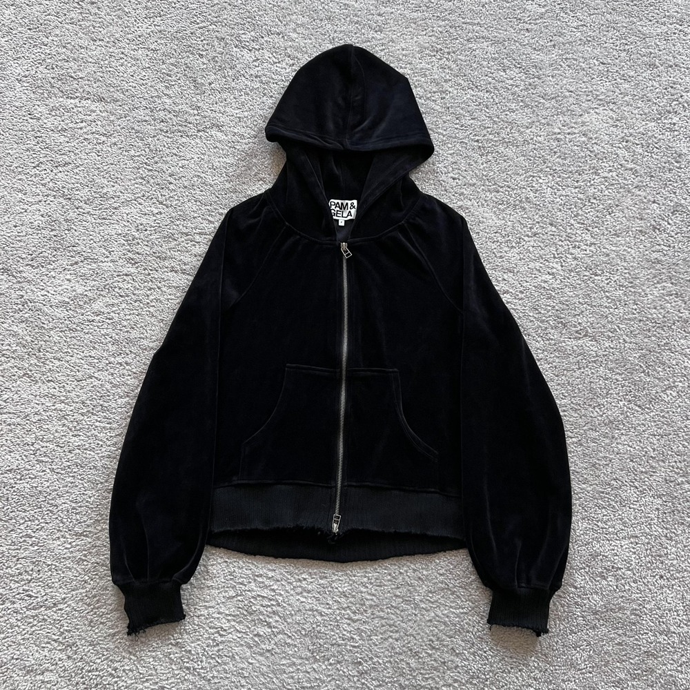 PAM‎ & GELA Velour Full Zip Hoodie Womens P Black Sweatshirt Pockets Hooded